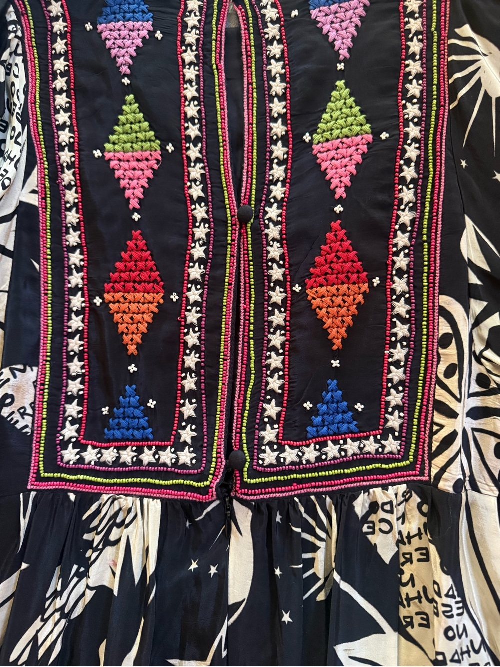FARM Rio Cerrado Sky Embroidered Beaded Maxi Dress Black Kimono Sleeve Boho M - Picture 9 of 17